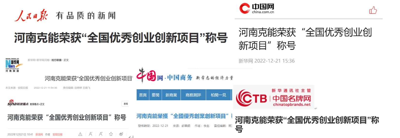 全國(guó)主流媒體(tǐ)報(bào)道(dào)“克能(néng)锂電(diàn)”榮獲“全國(guó)優 秀創業(yè)創新項目”稱号（2022年(nián)12月(yuè)23日(rì)）