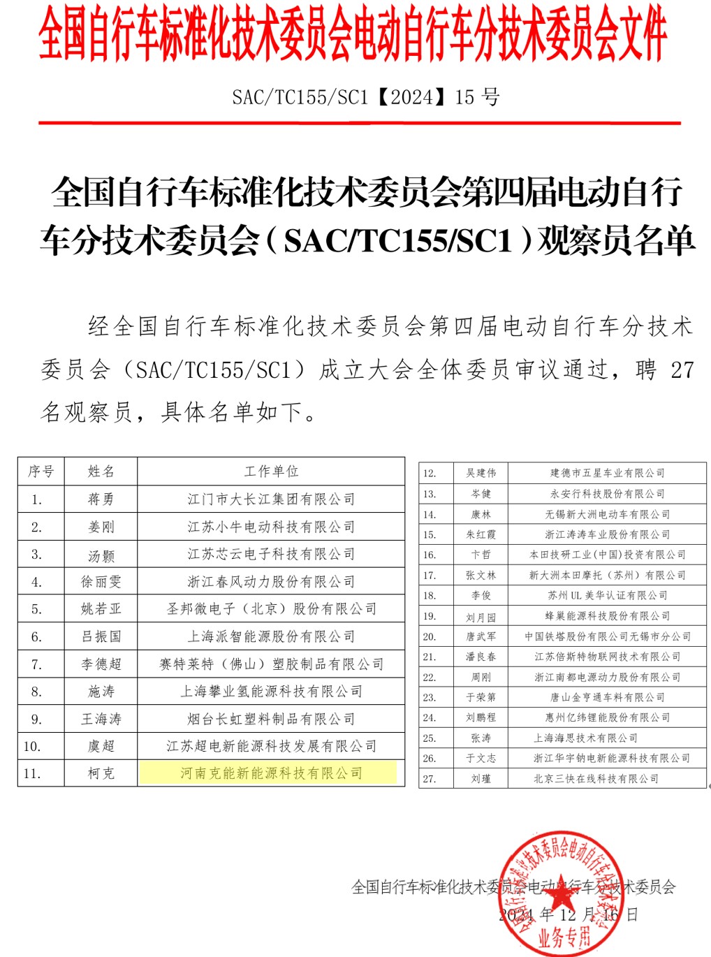 克能(néng)新能(néng)源被聘為(wèi)全國(guó)電(diàn)動自(zì)行(xíng)車(chē)标委會(huì)第四屆電(diàn)動自(zì)行(xíng)車(chē)分(fēn)技(jì)術(shù)委員(yuán)會(huì)觀察員(yuán)（2024年(nián)12月(yuè)16日(rì)）